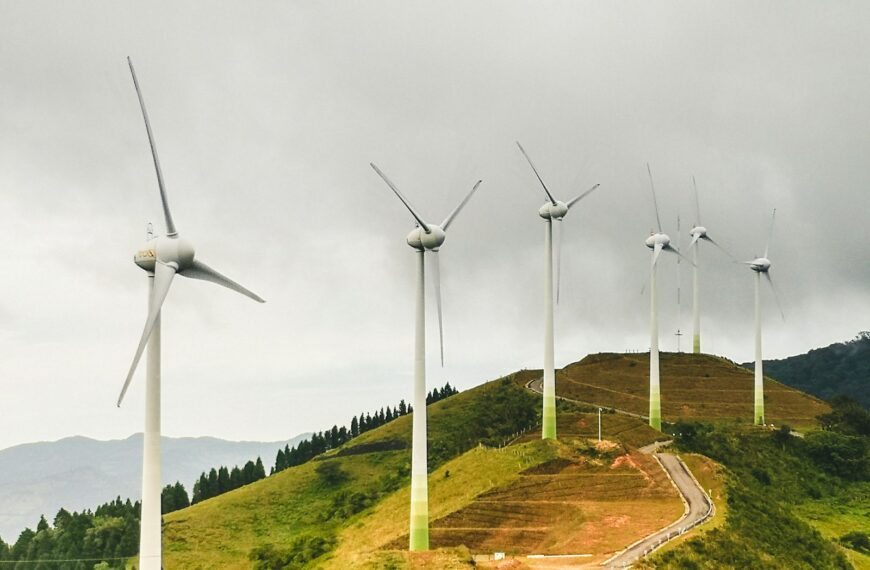 a group of wind turbines on a hill