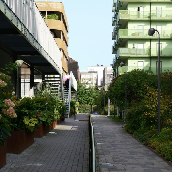 a walkway between two buildings with flowers in the foreground