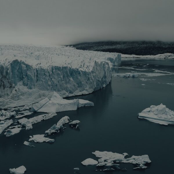 a body of water with ice and snow on the shore